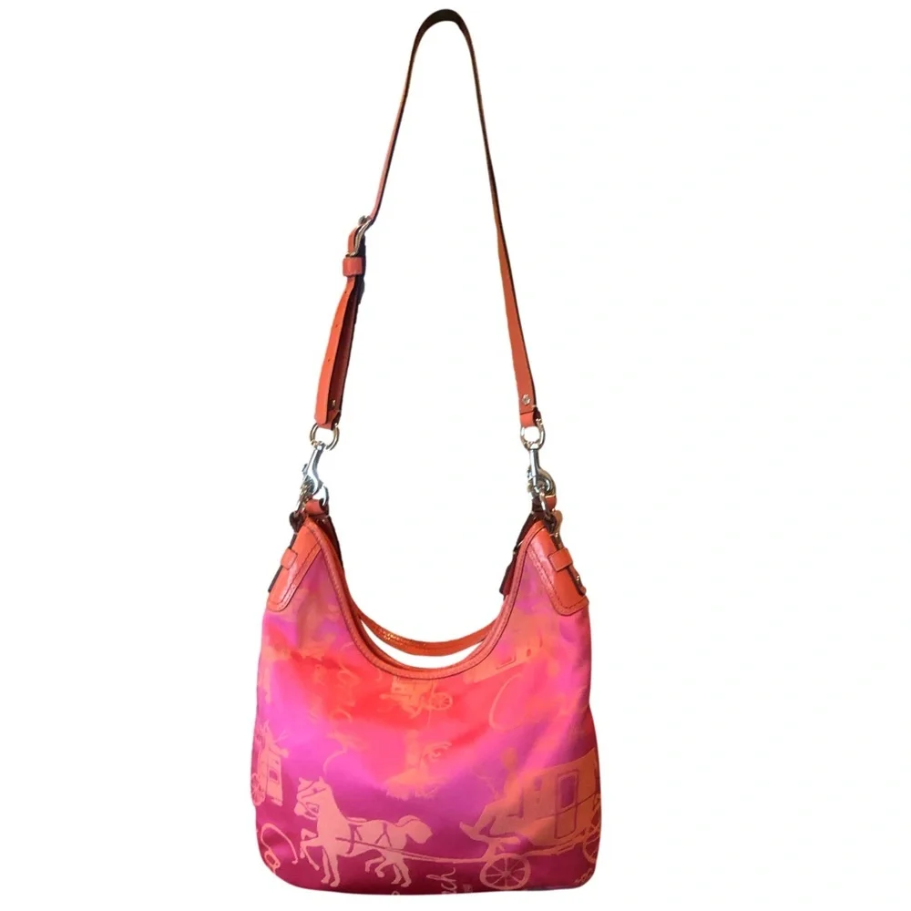 Coach Hot Pink and Coral Satin Signature Hobo
